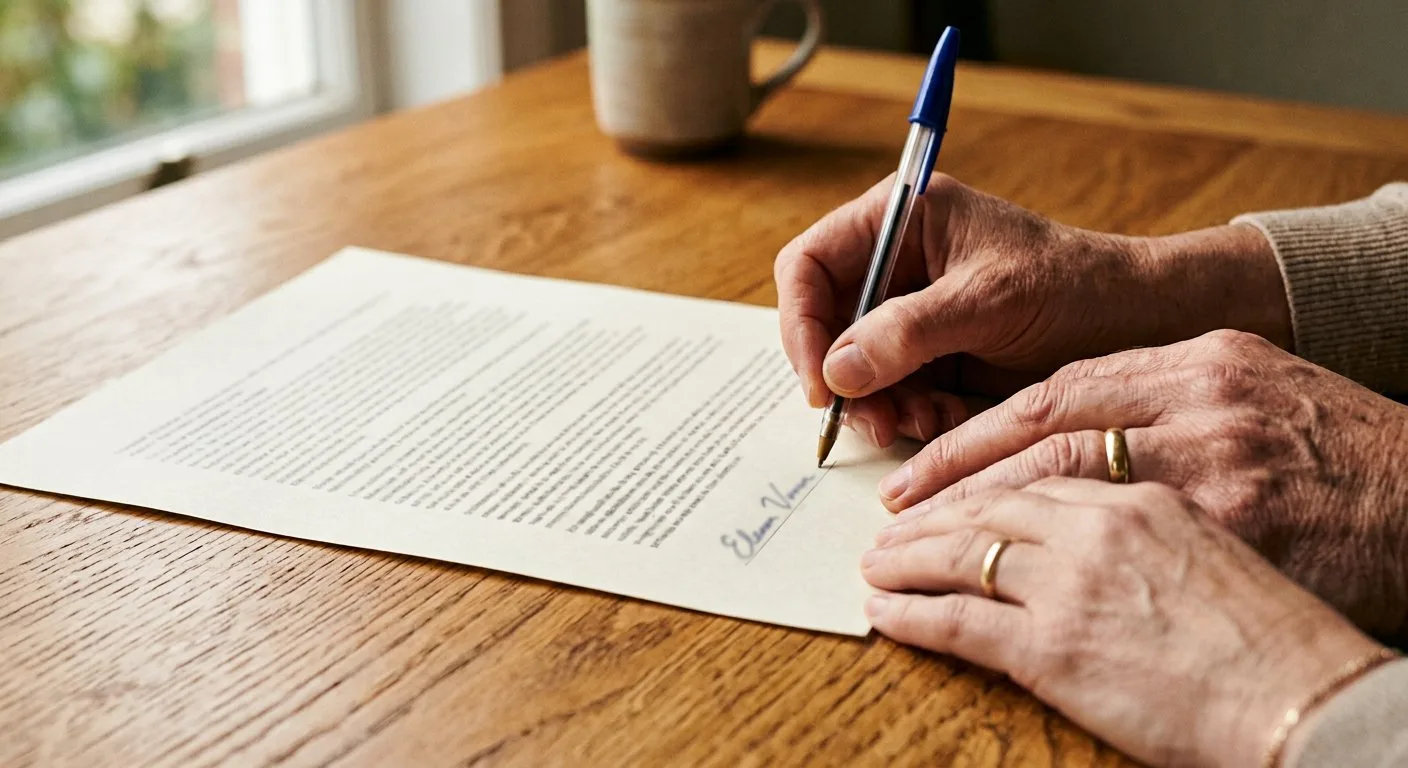 Twee handen over één pagina op een houten bureau, één hand tekent met een pen