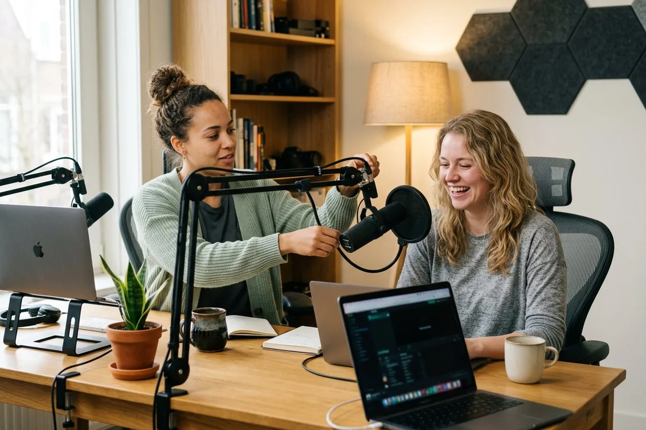 Een koppel in hun thuisstudio: de ene stelt de microfoon van de andere bij, terwijl ze samen naar de laptop lachen