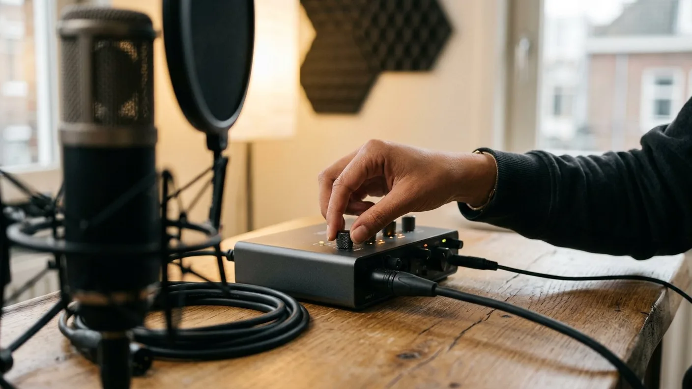 Een hand die een regelaar op een 2-kanaals audio-interface draait, met condensermicrofoon en popfilter onscherp op de voorgrond