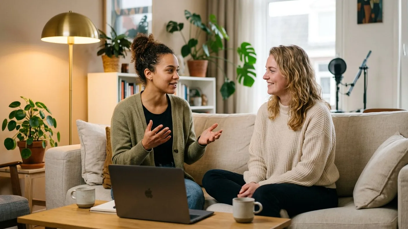 Een koppel op de bank in een ontspannen gesprek, met een open laptop op de salontafel en een microfoonstand zacht onscherp in de achtergrond