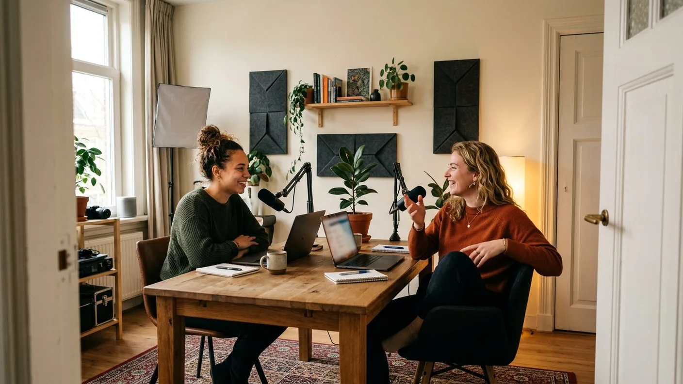 Weidse blik vanuit de deuropening op de studiohoek: een koppel in gesprek aan het bureau, met softbox, planten en een gesloten deur in beeld